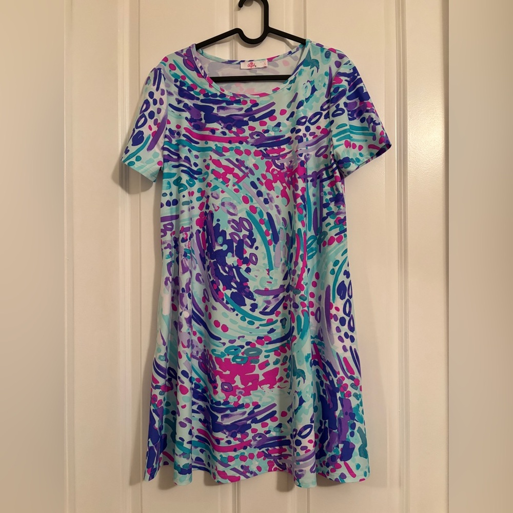 Aryeh - Women’s Blue and Purple Swirl Mini Dress. Size L.  Nylon/Spandex